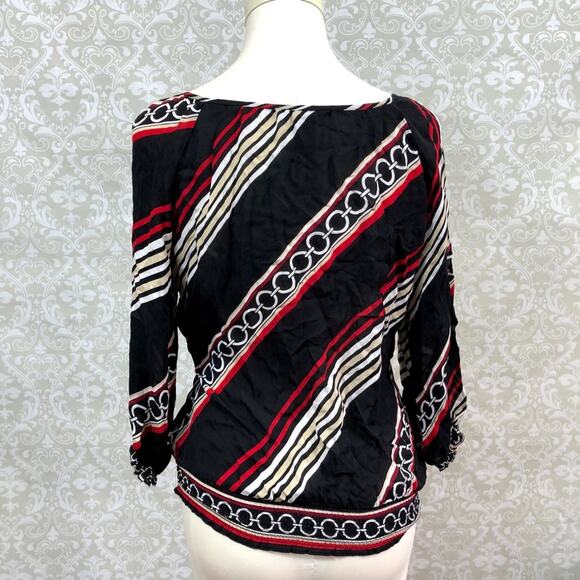 WHBM Small Womens Black Red Silk Chain Print Peasant Blouse - Picture 4 of 5
